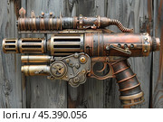 Steampunk weapon hanging on a wooden wall representing retrofuturistic technology. Стоковое AI-изображение, AI-художник Иван Рябоконь / Фотобанк Лори