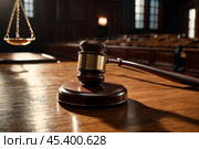 Wooden gavel hammer and scales of justice in courtroom for sentencing in criminal case. Law and authority lawyer concept, legislation and judicial decision, criminal verdict legal. Copy ad text space. Стоковое AI-изображение, AI-художник Aleksandr Golubev / Фотобанк Лори