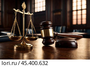 Wooden gavel hammer and scales of justice in courtroom for sentencing in criminal case. Law and authority lawyer concept, legislation and judicial decision, criminal verdict legal. Copy ad text space. Стоковое AI-изображение, AI-художник Aleksandr Golubev / Фотобанк Лори