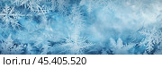 An abstract background showcasing the textures and patterns of frost on a windowpane, with icy blue tones creating a wintry atmosphere. Стоковое AI-изображение, AI-художник Михаил Строгалев / Фотобанк Лори