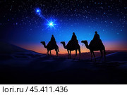 Three magi, proudly mounted on camels, slowly move across the endless sands of the desert to meet Christ. Generated by AI. Стоковое AI-изображение, AI-художник Ярославский Максим / Фотобанк Лори