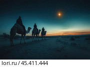 Tired but full of hope, the Magi on camels are approaching Bethlehem, following a bright star. Стоковое AI-изображение, AI-художник Ярославский Максим / Фотобанк Лори
