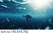 Морская черепаха плывет по загрязненным водам океана, окруженная плавающим мусором, что подчеркивает влияние глобального загрязнения на морскую жизнь. Стоковое AI-изображение, AI-художник ФотоИнтеллект / Фотобанк Лори