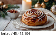 The cinnabons. Close-up of cinnamon buns. Beautiful buns with fresh cinnamon and icing on a wooden table. Fragrant homemade New Year's pastries. Стоковое AI-изображение, AI-художник Photojuli / Фотобанк Лори