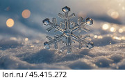 Background with snow and an icy snowflake. Beautiful ice crystals during frosts. Close-up macro photography of snowflake patterns. Snowflakes in close-up. Winter nature. Low depth of field. Стоковое AI-изображение, AI-художник Photojuli / Фотобанк Лори
