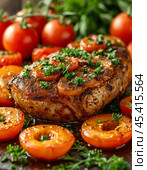 Oven-baked pork with vegetables. Enjoy your meal! Стоковое AI-изображение, AI-художник Сергей Елизарьев / Фотобанк Лори