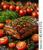 Oven-baked pork with vegetables. Enjoy your meal! Стоковое AI-изображение, AI-художник Сергей Елизарьев / Фотобанк Лори
