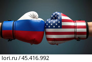 Боксерские перчатки в цветах флагов России и США. Концепция противостояния государств. Стоковое AI-изображение, AI-художник Илья Старков / Фотобанк Лори