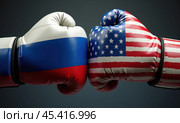 Боксерские перчатки в цветах флагов России и США. Концепция противостояния государств. Стоковое AI-изображение, AI-художник Илья Старков / Фотобанк Лори