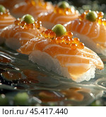 The image of "Sake Maki" is a bright and appetizing roll. The salmon wrapped in thin sheets of nori seaweed is combined with rice and cucumber. Created by AI. Стоковое AI-изображение, AI-художник Ярославский Максим / Фотобанк Лори
