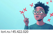 Иллюстрация персонажа, указывающего на красный символ «X», представляющий концепцию деинфлюенса. Стоковое AI-изображение, AI-художник ФотоИнтеллект / Фотобанк Лори