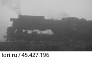 Старый советский паровоз Л-1344 (Лебедянка) в густом утреннем тумане. Вид сбоку. Сортавала, Карелия. Редакционное видео, видеограф Виктор Карасев / Фотобанк Лори