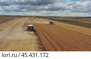 Aerial view of combine on harvest field. Стоковое видео, видеограф Михаил Коханчиков / Фотобанк Лори