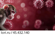 Грустная обезьяна MPOX с клетками вируса оспы обезьян. Угроза пандемии вспышки Mpox, визуализация зоонозных заболеваний, примат и вирусный патоген. Красный фон. Стоковое AI-изображение, AI-художник ФотоИнтеллект / Фотобанк Лори