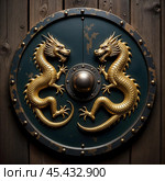 An ancient round shield with the image of two dragons. Стоковое AI-изображение, AI-художник RamA / Фотобанк Лори