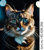 This beautiful cat with striking green eyes appears calm and composed. Its fur glistens against a blurred background, adding to its charm. Cats Felis are a genus of predatory mammals. Generative AI. Стоковое AI-изображение, AI-художник Юлия Петровская / Фотобанк Лори