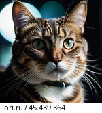 This beautiful cat with striking green eyes appears calm and composed. Its fur glistens against a blurred background, adding to its charm. Cats Felis are a genus of predatory mammals. Generative AI. Стоковое AI-изображение, AI-художник Юлия Петровская / Фотобанк Лори