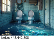 Two toilets submerged in a flooded bathroom with fish swimming around. Стоковое AI-изображение, AI-художник Иван Рябоконь / Фотобанк Лори