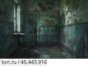 Old asylum room showing signs of neglect and decay. Стоковое AI-изображение, AI-художник Иван Рябоконь / Фотобанк Лори