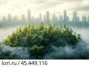The foreground shows a dense forest with tall trees, covered in a light fog. In the background, a modern cityscape rises with high-rise buildings, barely visible through the veil of fog. The contrast between nature and urbanization emphasizes the theme of ecological harmony and balance between man and nature. The light is soft, with a subdued sun shine, adding calm and tranquility to the image. Стоковое AI-изображение, AI-художник Анна Кривицкая / Фотобанк Лори