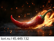 Bright red chili pepper with water droplets and spices, surrounded by flames and sparks on a dark background. Concept of spiciness, energy and piquancy. Stylish image with an emphasis on heat and intensity. Стоковое AI-изображение, AI-художник Анна Кривицкая / Фотобанк Лори