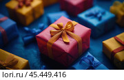 A deep navy backdrop provides a dramatic contrast to the explosion of color from beautifully wrapped gifts. Rich reds, shimmering golds, and deep greens create a festive atmosphere. Стоковое AI-изображение, AI-художник Ярославский Максим / Фотобанк Лори