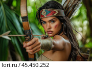 Amazon, Young female archer in jungle. Стоковое AI-изображение, AI-художник Михаил Коханчиков / Фотобанк Лори