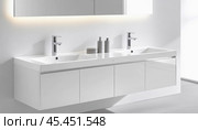 Modern white bathroom vanity with double sink and chrome faucets illuminating hygiene. Стоковое AI-изображение, AI-художник Юрий Поздников / Фотобанк Лори