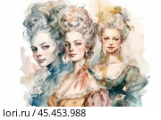 A watercolor illustration of three women in exquisite Baroque attire. Each lady has a unique look and style: elegant hairstyles, luxurious dresses with lace and embellishments. The color palette of the image is done in soft pastel colors - blue, beige and green, which creates a light, romantic atmosphere. Exquisite detailing emphasizes the richness and sophistication of the era, which makes the image ideal for use in art, fashion, history and vintage aesthetics. Стоковое AI-изображение, AI-художник Анна Кривицкая / Фотобанк Лори