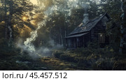 Mystical forest scene with an abandoned wooden hut. Rays of light break through the dense greenery of the forest, creating a mysterious atmosphere. In the foreground, you can see a translucent silhouette reminiscent of a ghost or smoke, which enhances the feeling of mystery and otherworldliness. The house is surrounded by moss, bushes and trees, which emphasizes its remoteness from civilization. Light fog and glowing particles of air add a magical atmosphere, ideal for fantasy, mysticism and horror themes. Стоковое AI-изображение, AI-художник Анна Кривицкая / Фотобанк Лори