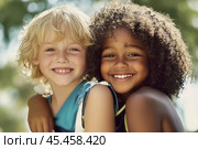 Boy and girl friends smile in front of the camera. Стоковое AI-изображение, AI-художник Дмитрий Киселёв / Фотобанк Лори
