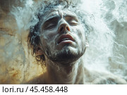 Emaciated and suffering man in white fibers. Стоковое AI-изображение, AI-художник Дмитрий Киселёв / Фотобанк Лори