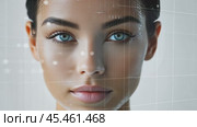 Facial recognition system analyzing woman's face with futuristic grid pattern. Стоковое AI-видео, аниматор Юрий Поздников / Фотобанк Лори