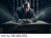 Election fraud. Corruption deceitful politician, campaign promises, bribes. Anti-corruption fight stealing money from budget. Theft of public bulletins with US American flag on background. Стоковое AI-изображение, AI-художник Sergey Grishin / Фотобанк Лори