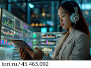 Female Investment Banker Wearing Headphones and Using a Tablet Computer with Financial Market Analytics Data. Team Leader Monitoring Daily Operations, Working of Behalf of Corporate Business Partners. Стоковое AI-изображение, AI-художник Sergey Grishin / Фотобанк Лори