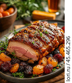 Baked carbonade with dried fruits. Стоковое AI-изображение, AI-художник Сергей Елизарьев / Фотобанк Лори