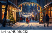 A New Year's or Christmas card. A little girl with her dad is walking along a city street decorated with glowing garlands for the holiday. The atmosphere of magic and fairy tales. Стоковое AI-изображение, AI-художник Photojuli / Фотобанк Лори