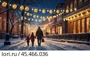 A New Year's or Christmas card. A little girl with her dad is walking along a city street decorated with glowing garlands for the holiday. The atmosphere of magic and fairy tales. Стоковое AI-изображение, AI-художник Photojuli / Фотобанк Лори