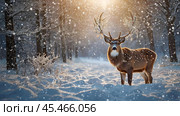 A red deer with shiny big horns in a Christmas garland in snowy weather against a forest background. Стоковое AI-изображение, AI-художник Photojuli / Фотобанк Лори