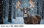A red deer with shiny big horns in a Christmas garland in snowy weather against a forest background. Стоковое AI-изображение, AI-художник Photojuli / Фотобанк Лори