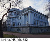 Санкт-Петербург. Россия. Елагиноостровский дворец среди деревьев с опавшими листьями на фоне голубого неба с облаками в осеннем парке на Елагином острове Санкт-Петербурга. ЦПКиО им. Кирова. (2021 год). Стоковое фото, фотограф Елена Яворская / Фотобанк Лори