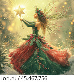 A fairy in a Christmas winter costume. Christmas Fairy illustration. Стоковое AI-изображение, AI-художник Ирина Ручушкина / Фотобанк Лори