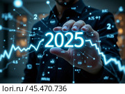 The hand of a man in a business suit shows a graph of economic growth by 2025 and its subsequent decline.  AI generative. Стоковое AI-изображение, AI-художник Роман Дзюбало / Фотобанк Лори