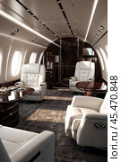 Luxury white interior vip comfortable private jet with laptop on table, at highest. Modern business airplane, perfect decor. Passenger service quality in aviation industry concept. Copy ad text space. Стоковое AI-изображение, AI-художник Aleksandr Golubev / Фотобанк Лори