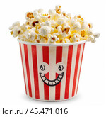 Striped popcorn bucket smiling and overflowing on white background. Стоковое AI-изображение, AI-художник Иван Рябоконь / Фотобанк Лори