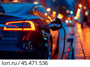 Charging station for recharging the battery with electricity using an EV charging cable in an evening city street. Innovative electric vehicle and energy sustainability. Стоковое AI-изображение, AI-художник Sergey Grishin / Фотобанк Лори