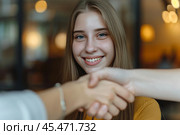 Crop close up of young Caucasian woman stretch hand get acquainted greeting with client or customer at meeting. Female employee handshake welcoming newcomer newbie. Acquaintance concept. Стоковое AI-изображение, AI-художник Sergey Grishin / Фотобанк Лори