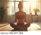 Beautiful black woman practices yoga in a spacious modern sunny and bright living room. Yogi sporty woman practicing yoga concept, sitting in Butterfly exercise, advanced baddha konasana pose. Стоковое AI-изображение, AI-художник Sergey Grishin / Фотобанк Лори