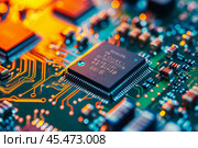 Automatic Pick and Place machine quickly installs Components on Generic Circuit Board. Electronics and Circuit board Manufacturing. Bright Environment. Стоковое AI-изображение, AI-художник Sergey Grishin / Фотобанк Лори