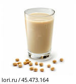 Glass of soy milk with soybeans scattered around. Стоковое AI-изображение, AI-художник Иван Рябоконь / Фотобанк Лори